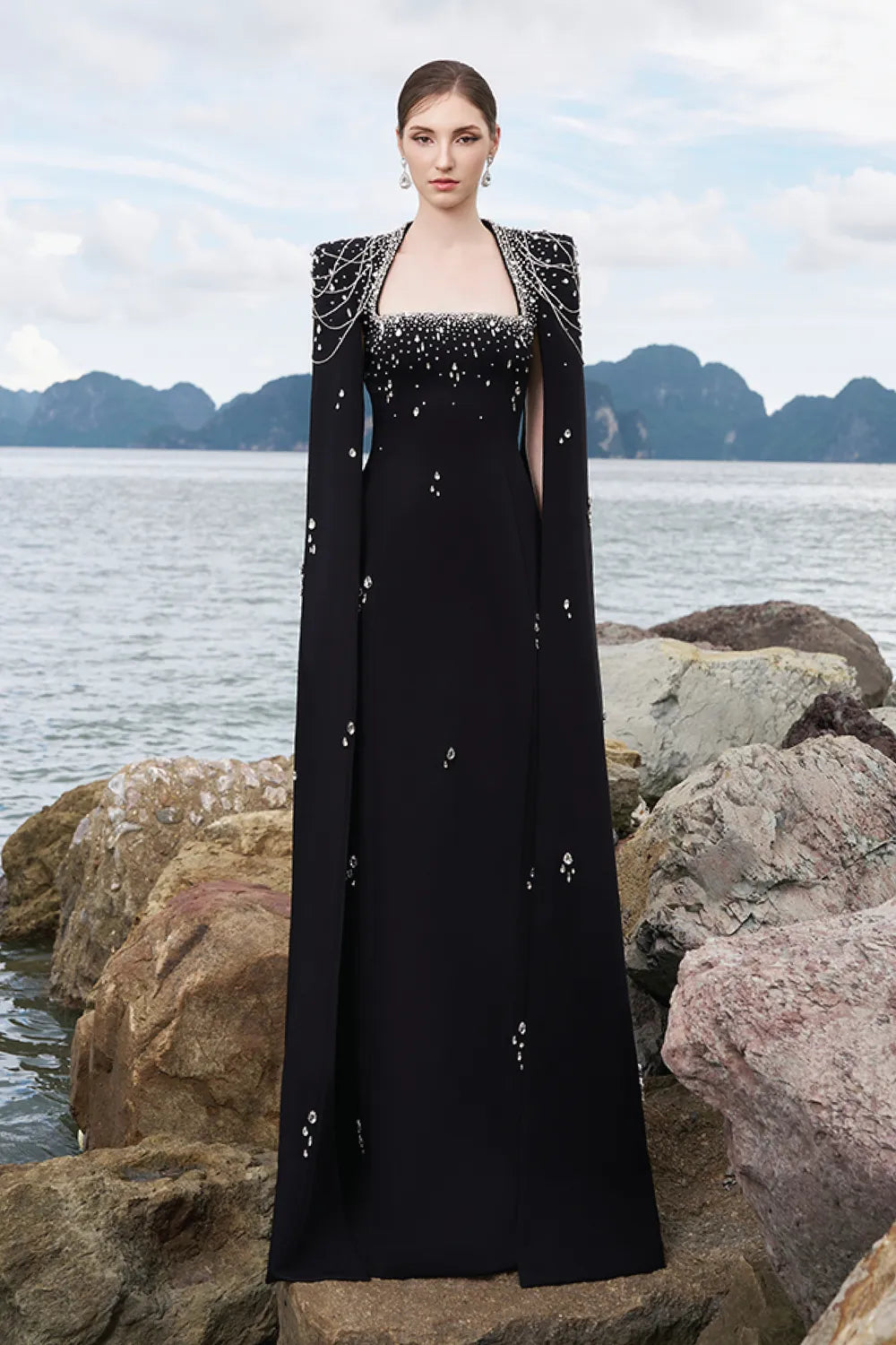 Long Cape Sleeves Glow Stone Dress
